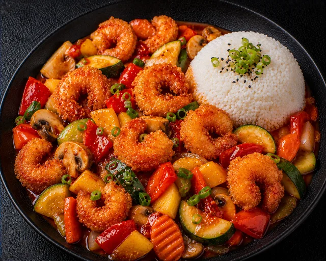 93 Gebackene Garnelen Ananas Süß sauer